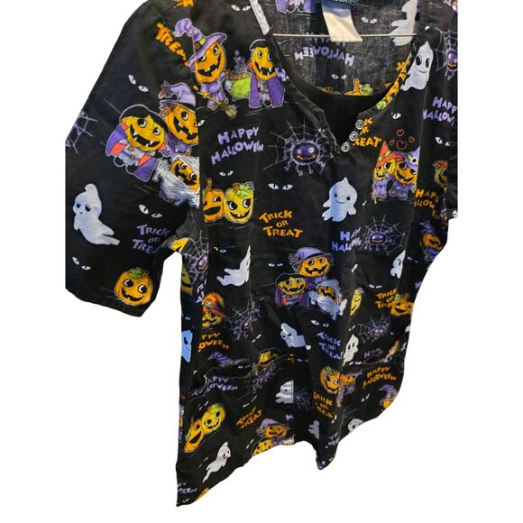 Cherokee Medical Scrub Top XS Womens Black Halloween Pumpkin Print Top - Picture 2 of 5
